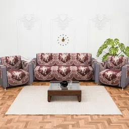 Myntra Elegant Homes Maroon & White Self Design 5 Seater Velvet Sofa Cover-image-17