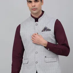 Cantabil Checked Mandarin Collar Woven Nehru Jacket-17