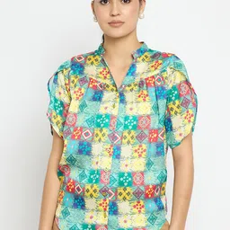 Novio Floral Print Mandarin Collar Shirt Style Top-image-21