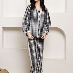 ETC Women Gingham Checked Lace Trim Detail Long Sleeve Night suit-picture-11