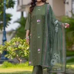 MITTOO Floral Embroidered Three-Quarter Sleeves Chanderi Silk Kurta & Trouser With Dupatta-picture-57