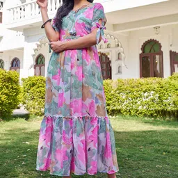 SHOPGARB Floral Printed Tie-Up Neck Fit And Flare Georgette Dress-image-53