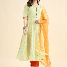 PANIT Geometric Printed Round Neck Anarkali Kurta With Trousers & Dupatta-picture-11