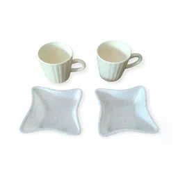 ARPANA BRIGHT Cream & White 4 Pieces Textured Ceramic Glossy Cups With Snack Bowls-44