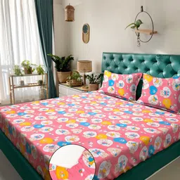KLOTTHE Kids Pink Printed Pure Cotton 400 TC Fitted King Bedsheet Set - 2.50 m x 2.25 m-35