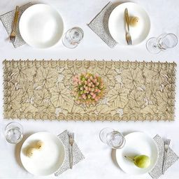 Aura Gold-Toned Leaf Design Rectangular Table Runner-2