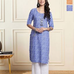 HERE&NOW Selection Of 3 Leheriya Printed Round Neck Straight Kurtas-image-5
