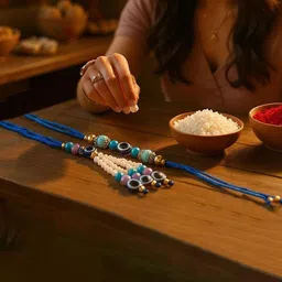 LUCKY JEWELLERY Unisex Set Of 2 Evil Eye Beaded Rakhi With Roli Chawal & Greeting Card-image-12