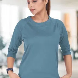 myo2 Women Solid Round Neck Reversible Polyester Blue T-Shirt-picture-23