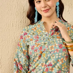 KALINI Floral Print Mandarin Collar Top-image-41
