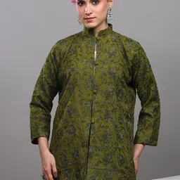 Exotic India Women Floral Woollen Crop Tailored Jacket with Embroidered-picture-2