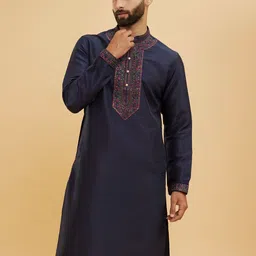 Manyavar Men Floral Embroidered Thread Work Mandarin Collar Art Silk Kurta With Churidar-picture-54