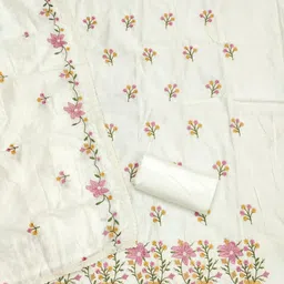 KALINI White Cotton Silk Daman Work Embroiderd Unstitched Dress Material-image-2