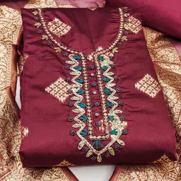 SAINOOR Floral Embellished Beaded Semi-Stitched Banarasi Dress Material-image-97