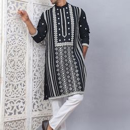Jompers Floral Embroidered Band Collar Sequinned Straight Kurta With Pyjamas-45