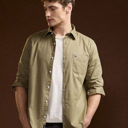 THE BEAR HOUSE Men Spread Collar Solid Cotton Casual Shirt-image-36