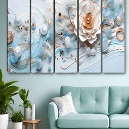 Aura White & Blue 5 Piece Synthetic Wood Floral and Botanical Wall Paintings-68