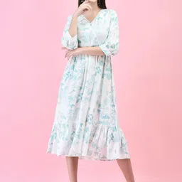 Shree Women Tropical Printed Bishop Sleeve Fit & Flare Dress-image-25