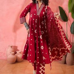 Sangria Geometric Printed V-Neck Pleated Pure Cotton A-Line Kurta With Trouser And Dupatta-2