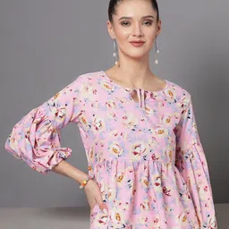 OOMPH! FACTOR Women Floral Print Tie-Up Neck Puff Sleeves Crepe Peplum Top-image-79