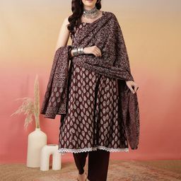 Sangria Brown Abstract Printed Sleeveless Anarkali Kurta With Trousers And Dupatta-picture-15