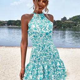 Stylecast X Slyck Floral Printed Smocked Halter Neck Fit & Flare Skater Dress-image-91