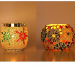 Somil Vibrant Multicolor Glass Candle Holder Add A Touch Of Magic To Diwali, Parties & Candlelight Dinners, Size-8.5 X 8.5 X 9 Cm , 8.5 X 8.5 X 7 Cm Pack OF 2-image-98