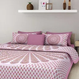 Aura Pink & White Ethnic Motifs 144 TC Queen Bedsheet with 2 Pillow Covers-image-75