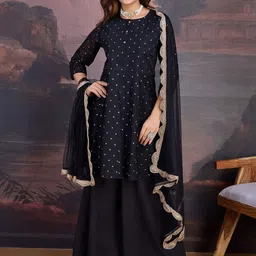 House of Pataudi Floral Woven Design Chanderi Cotton A-Line Kurta & Trousers With Dupatta-image-27