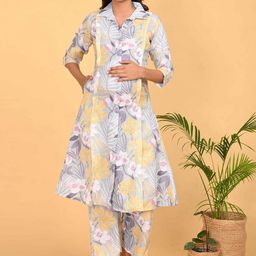 GOLDSTROMS Women Maternity Floral Printed Regular Linen Kurta with Trousers-picture-14