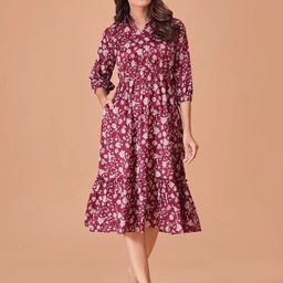 all about you Floral Printed Shirt Collar Cotton Fit & Flare Midi Dress-image-33