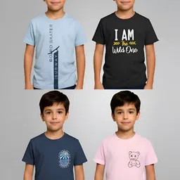 REYA Boys Pack of 4 Typography Printed Round Neck Cotton T-shirts-picture-1