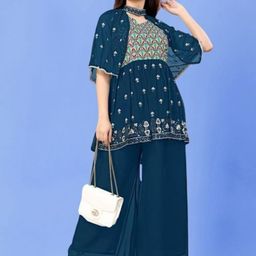 PARROT CREATION Women Embroidered Regular Sequinned Kurti with Sharara & With Dupatta-17
