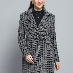 Monte Carlo Self Design Notched Collar Knee Length Single Breasted Coat-image-7