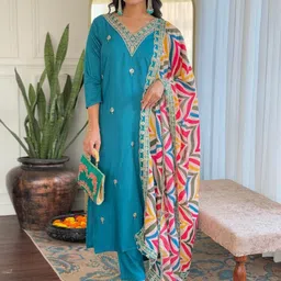 BAESD Women Solid Embroidered Straight Kurta with Trousers & Dupatta-15