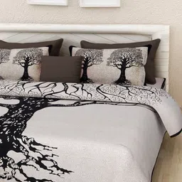 Aura Beige & Black Floral 144 TC Queen Bedsheet with 2 Pillow Covers-image-77
