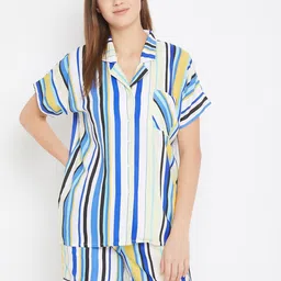 The Kaftan Company Women Striped Lapel Collar Modal Shirt With Shorts-picture-10