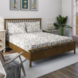 SWAYAM Vedda Cream & Green Floral Printed Cotton 160 TC King Bedsheet Set-87