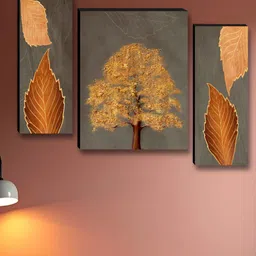 SAF Grey & Rust 3 Pieces Tree & Leafs Printed Wooden Wall Art-11