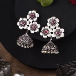 Sangria White Silver-Plated Artificial Stones Studded And Beaded Floral Drop Earrings-84
