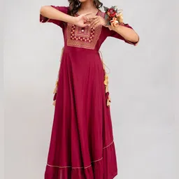 HERE&NOW Women Maroon Viscose Rayon Anarkali Kurtas-picture-10