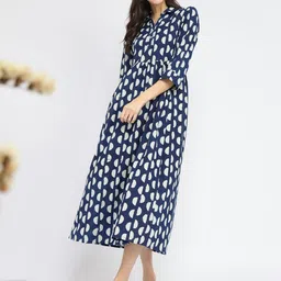 Pink Fort Women Cotton Dabu Half Polka Print Dress Indigo-image-36