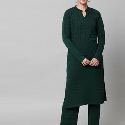 BUDAPESTWomen Embroidered Beads and Stones Detail Pure Wool Kurta with Trousers-picture-13