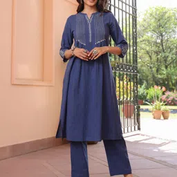 SAVI Women Regular Thread Work Pure Cotton Kurti with Trousers-picture-30