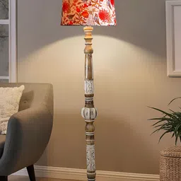 Decorcity White & Orange-coloured Printed Wooden Cylindrical FloorLamps-11
