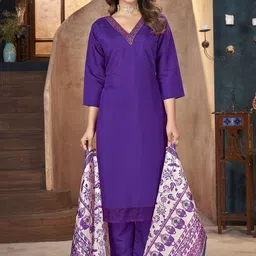 Stylum Violet Floral Yoke Design Regular Thread Work Kurta With Trousers & Dupatta-12