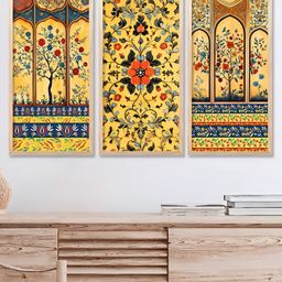 WALLLANE Yellow & Red 3 Pieces Floral and Botanical Traditional Printed Wooden Wall Art-14