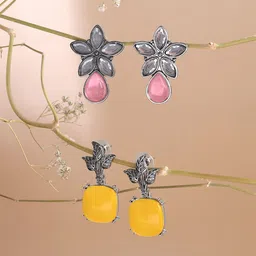 Yellow Chimes Set of 2 Silver-Plated Stones Studded Oxidised Floral Drop Earrings-45