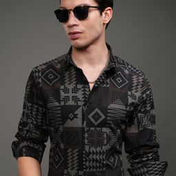 HIGHLANDER Men Slim Fit Spread Collar Geometric Printed Formal Shirt-image-61