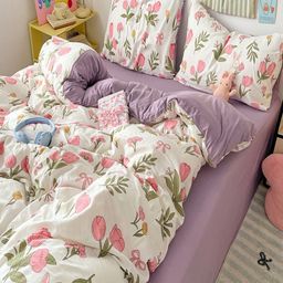 JC HOME Purple & White 4 Pieces Printed Double Queen Bedding Set-38